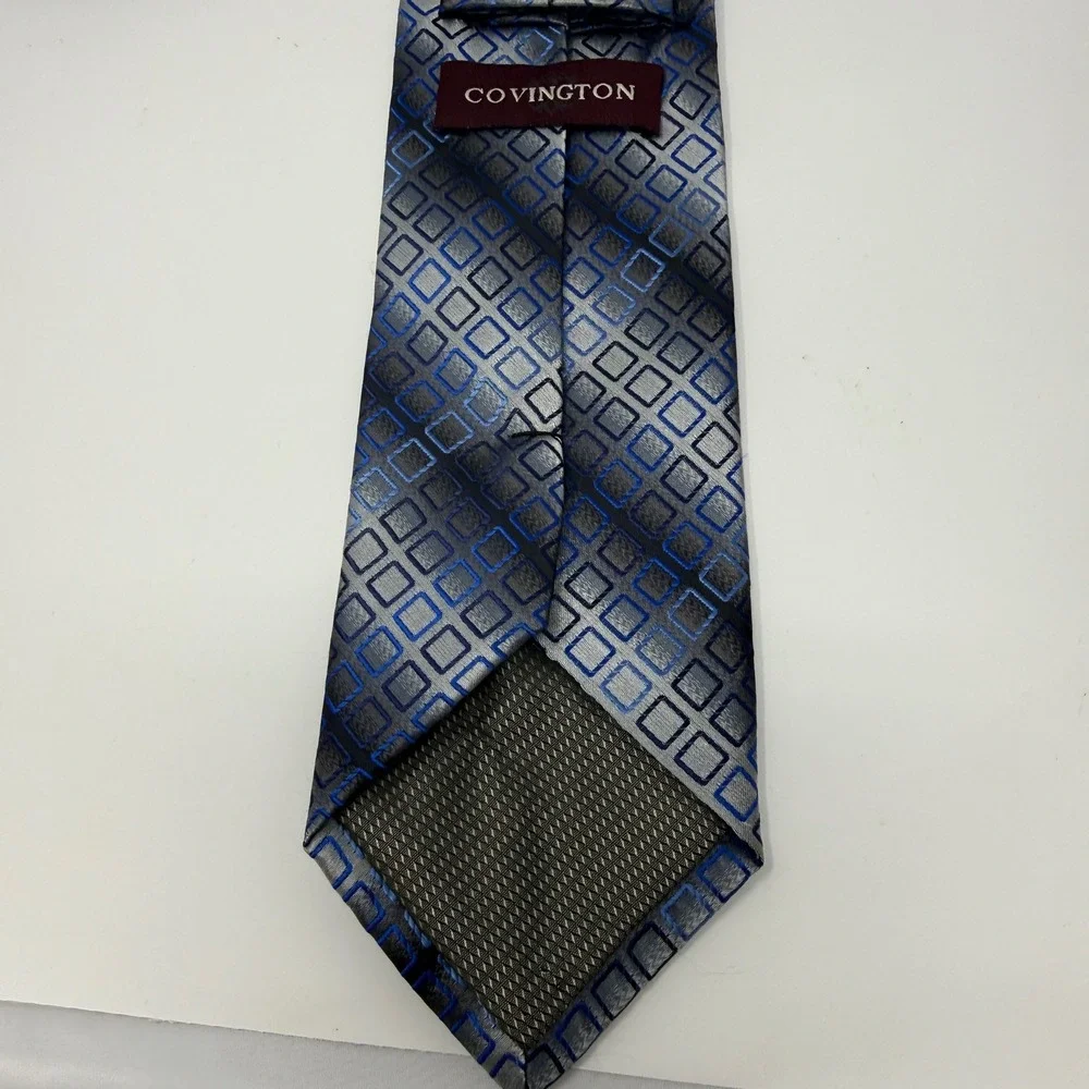 Covington Mens Blue Grey Geometric Square Pattern Polyester Silk Look Necktie